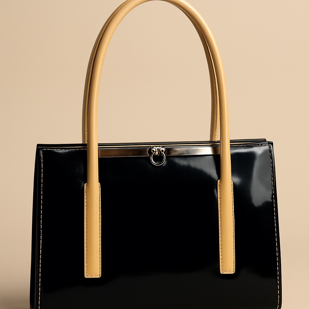 Vintage Black and Cream Patent Color Block Mod Handbag